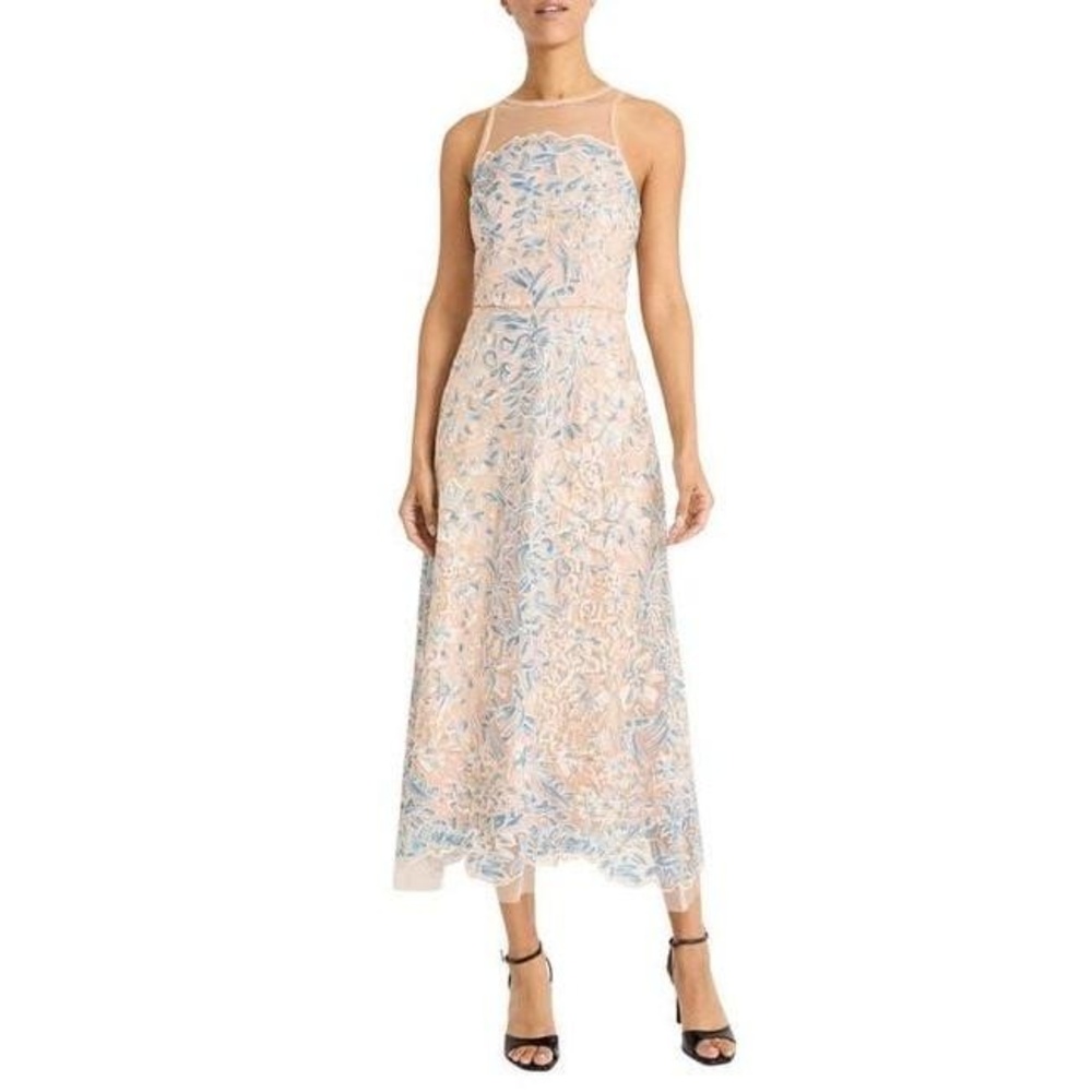 Maggy London Mesh Illusion Gem Gown Womens Size 4 Nude Blue Floral Embroidery